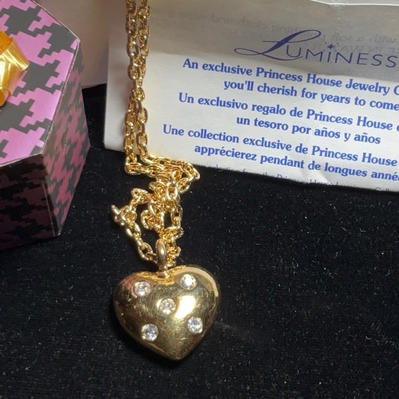Princess House Luminess 302 Puffed Heart Necklace withh Crystals.  New Old Stock - Picture 1 of 5